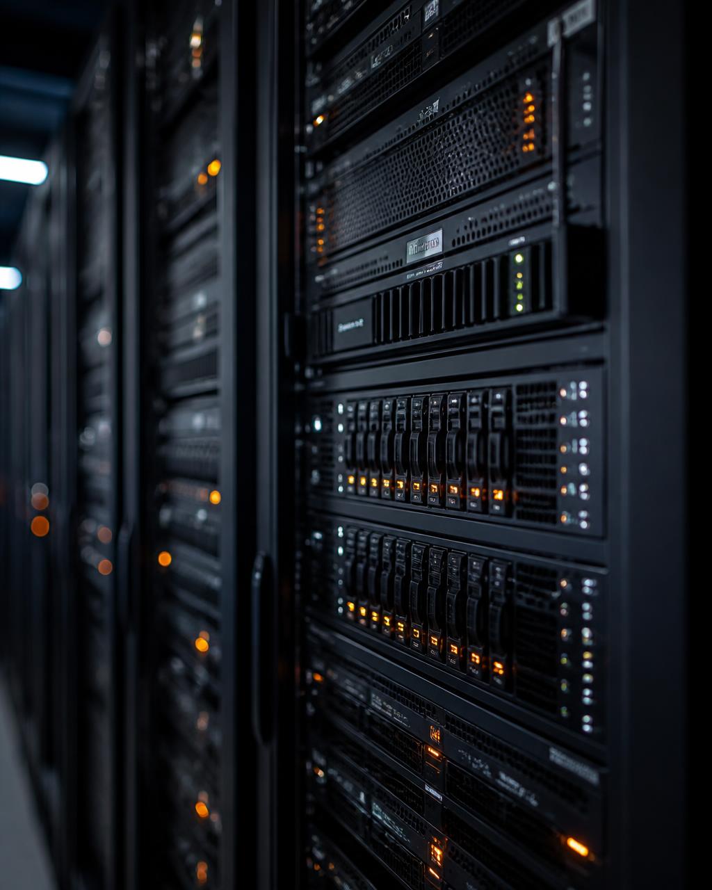 Enterprise server rack with status indicator lights — co-managed IT services